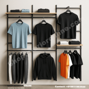 Modern Wall Mounted Garment Rack with Black Steel Frame and Wooden Shelves for Boutiques