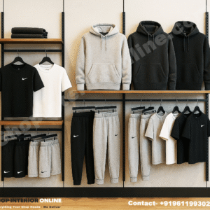 Modern Wall Mounted Garment Rack with Black Steel Frame and Wooden Shelves for Boutiques