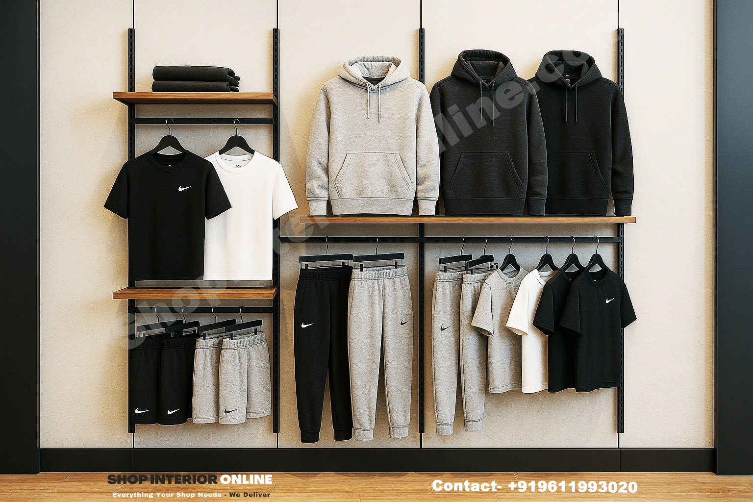 Modern Wall Mounted Garment Rack with Black Steel Frame and Wooden Shelves for Boutiques