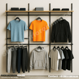 Luxury Wall Mounted Garment Rack with Wooden Shelves and Matte Black Frame for Clothing Stores