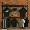 Brick Wall Mounted Garment Display Rack with Matte Black Frame and Wooden Shelves for Clothing Stores
