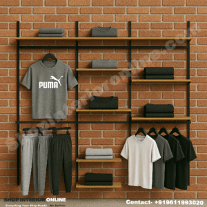 Brick Wall Mounted Garment Display Rack with Wooden Shelves and Matte Black Steel Frame