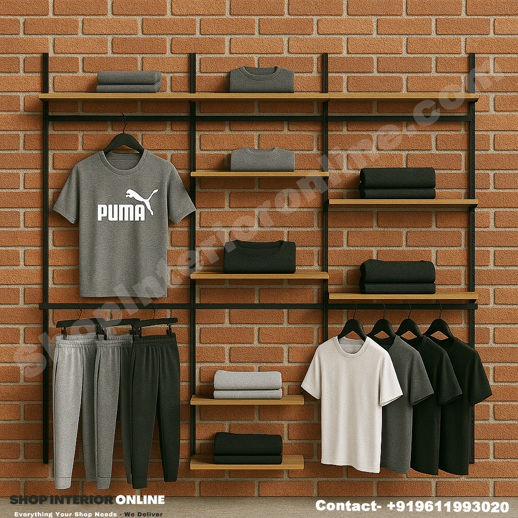 Brick Wall Mounted Garment Display Rack with Wooden Shelves and Matte Black Steel Frame