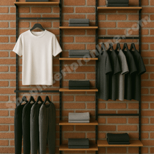 Slim Brick Wall Mounted Garment Display Rack with Matte Black Frame and Wooden Shelves for Clothing Stores