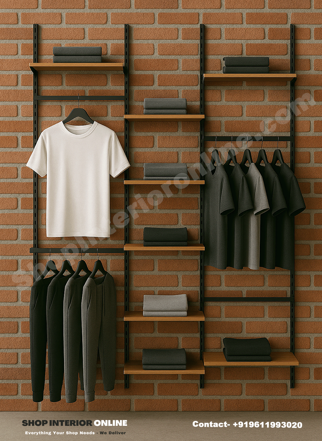 Slim Brick Wall Mounted Garment Display Rack with Matte Black Frame and Wooden Shelves for Clothing Stores