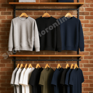 Double Row Brick Wall Mounted Garment Display Rack with Matte Black Frame and Wooden Shelves for Clothing Stores