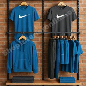 3 Tier Brick Wall Mounted Garment Display Rack with Matte Black Frame and Wooden Shelves for Clothing Stores