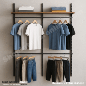 Dual Hanging Wall Mounted Garment Display Rack with Wooden Shelf and Matte Black Frame for Clothing Stores