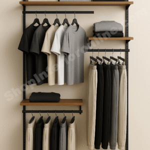 Multi Section Wall Mounted Garment Display Rack with Wooden Shelves and Matte Black Frame for Clothing Stores