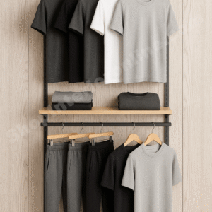 Compact Wall Mounted Garment Display Rack with Wooden Shelf and Matte Black Frame for Clothing Stores