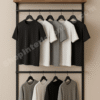Double Hanging Wall Mounted Garment Display Rack with Wooden Shelf and Matte Black Frame for Clothing Stores