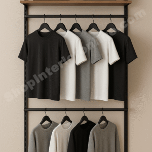 Double Hanging Wall Mounted Garment Display Rack with Wooden Shelf and Matte Black Frame for Clothing Stores