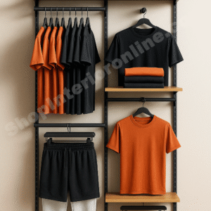 3 Level Wall Mounted Garment Display Rack with Wooden Shelves and Matte Black Frame for Clothing Stores