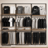 3 Section Wall Mounted Garment Display Rack with Wooden Shelves and Matte Black Frame for Clothing Stores