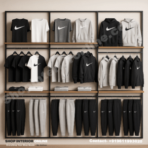 3 Section Wall Mounted Garment Display Rack with Wooden Shelves and Matte Black Frame for Clothing Stores