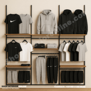 3 Section Wall Mounted Garment Display Rack with Wooden Shelves and Matte Black Frame for Clothing Stores