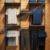 Dual Panel Wall Mounted Garment Display Rack with Wooden Shelves and Matte Black Frame for Boutique and Sportswear Stores