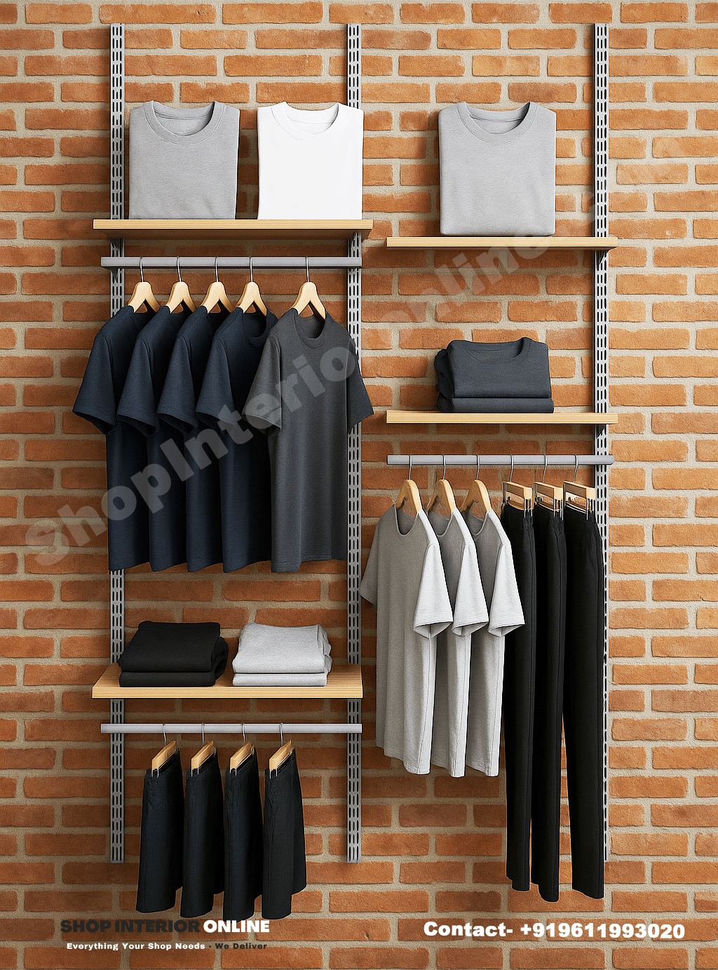 Triple Column Wall Mounted Garment Display Rack with Wooden Shelves and Silver Frame