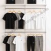 Dual Section Wall Mounted Garment Display Rack in Matte White Finish with Wooden Shelf and Dual Hanging Rods