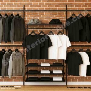 Triple Section Wall Mounted Garment Rack with Wooden Shelves and Matte Black Frame for Boutique Display