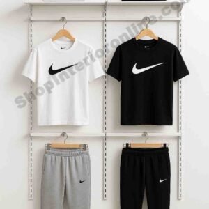 Twin Panel Wall Mounted Garment Display Rack in Matte White Finish with Wood Shelf and Hanging Rods