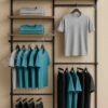 Two Section Wall Mounted Garment Display Rack with Wooden Shelves and Matte Black Frame