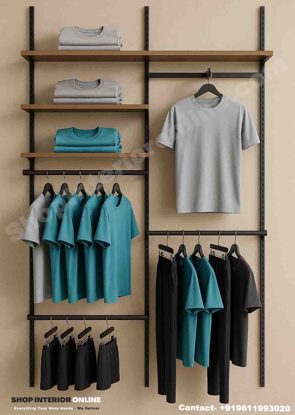 Two Section Wall Mounted Garment Display Rack with Wooden Shelves and Matte Black Frame