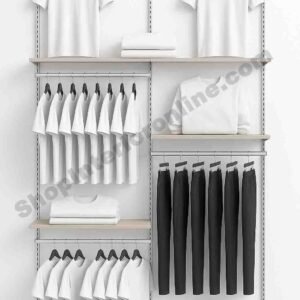 Dual-Side Wall Mounted Garment Display Rack in Matte White Finish with Light Wood Shelves