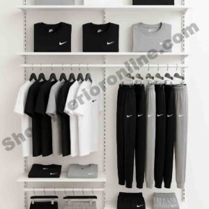 Triple Panel Wall Mounted Garment Display Rack in Matte White Finish with Shelves and Hanging Rods