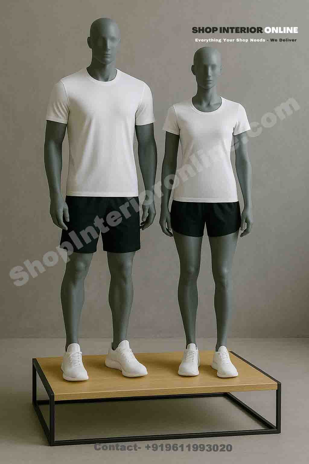 Dual Mannequin Display Platform Stand Matte Black Frame with Engineered Wood Top