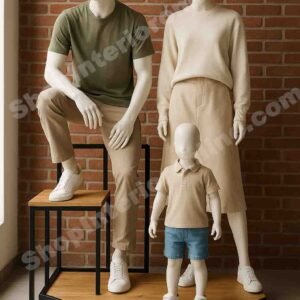 Family Mannequin Display Stage with 3-Level Matte Black Steel Frame and Engineered Wood Top
