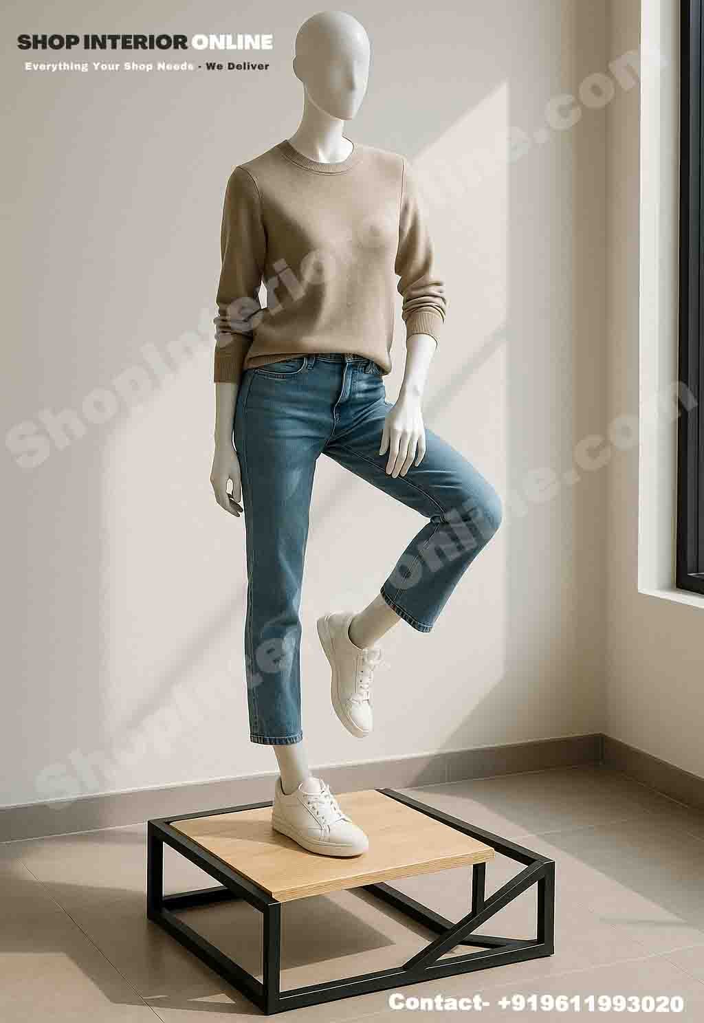 Single Mannequin Display Stand Matte Black Frame with Engineered Wood Top