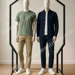 Geometric Dual Mannequin Display Stand Matte Black Frame with Engineered Wood Base