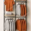 MS Tube Wall Mounted Double Section Garment Rack with Wooden Shelves