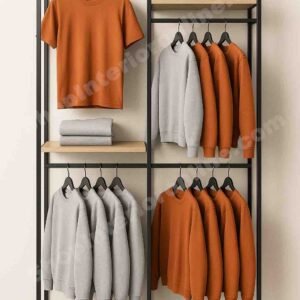 MS Tube Wall Mounted Double Section Garment Rack with Wooden Shelves