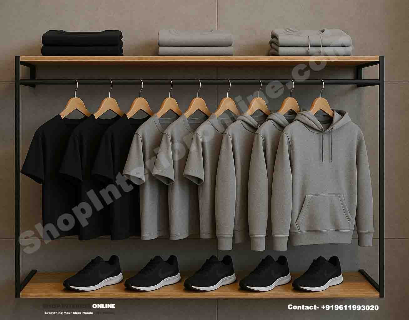 MS Tube Wall Mounted Garment & Shoe Display Rack (7ft H × 7ft W × 16in D)