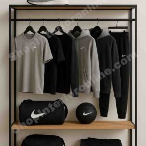 Freestanding MS Tube Garment Display Rack with Dual Wooden Shelves (7ft H × 5ft W × 18in D)