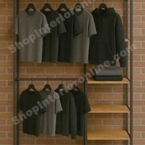 Freestanding Dual-Level MS Tube Garment Display Rack with Wooden Shelves (7ft H × 6ft W × 18in D)