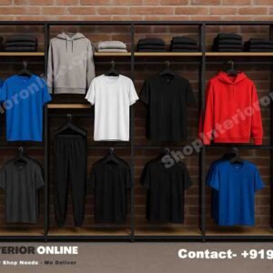 Full-Wall Modular MS Tube Garment Display Rack with Engineered Wood Shelves (10ft H × 12ft W × 18in D)