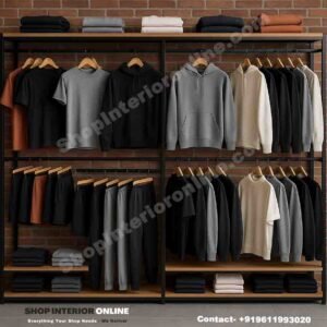 Double-Section MS Tube Garment Display Rack with Engineered Wood Shelves (8ft H × 9ft W × 18in D)