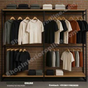 Double-Layer MS Tube Garment Display Rack with Engineered Wood Shelves (7ft H × 8ft W × 18in D)