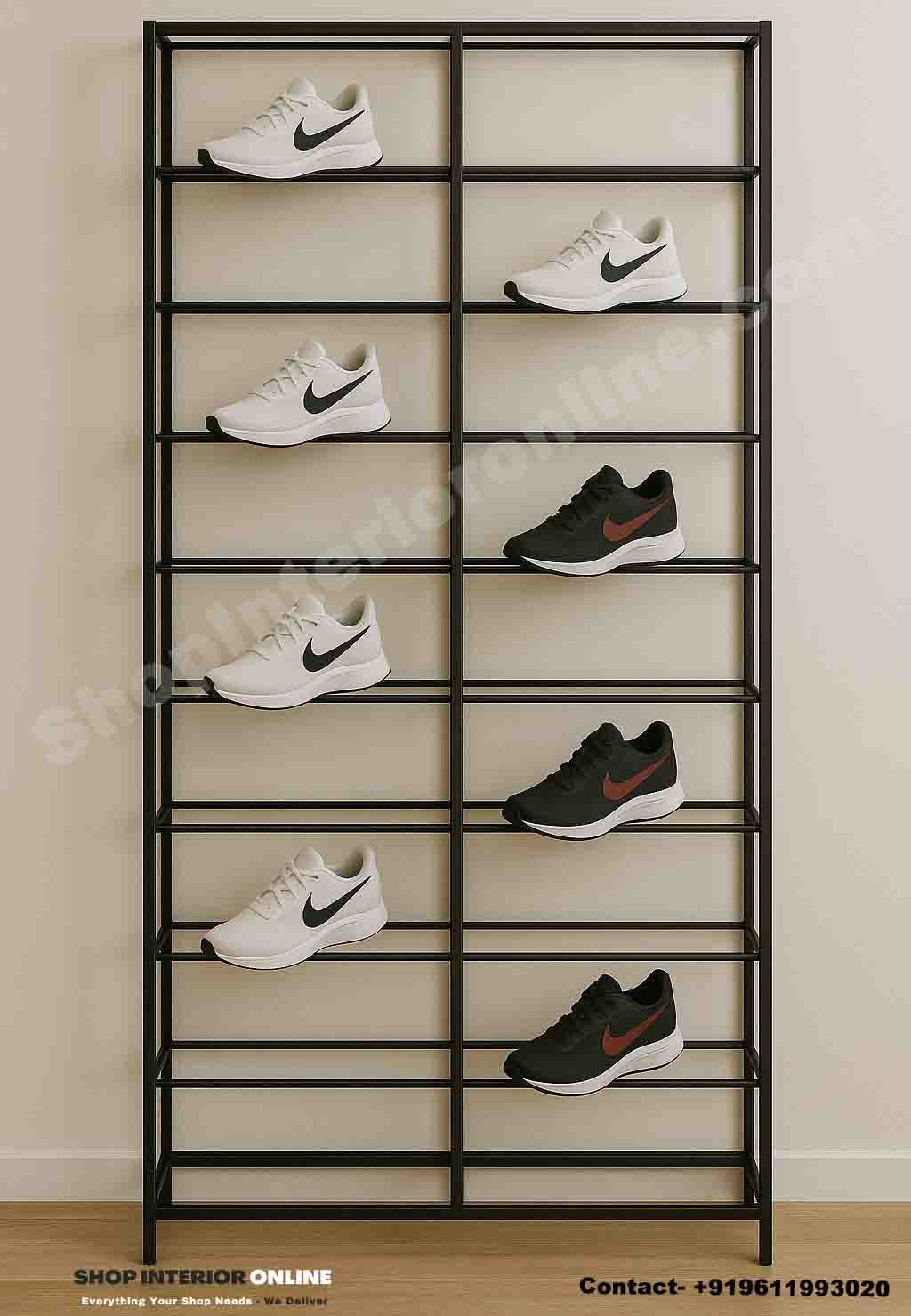 Double Column Shoe Display Rack Matte Black Frame for Retail Footwear Display