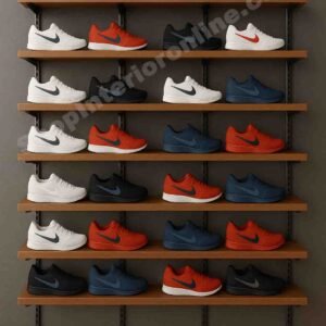 Adjustable Bracket Shoe Display Rack with Wooden Shelves and Black Metal Frame