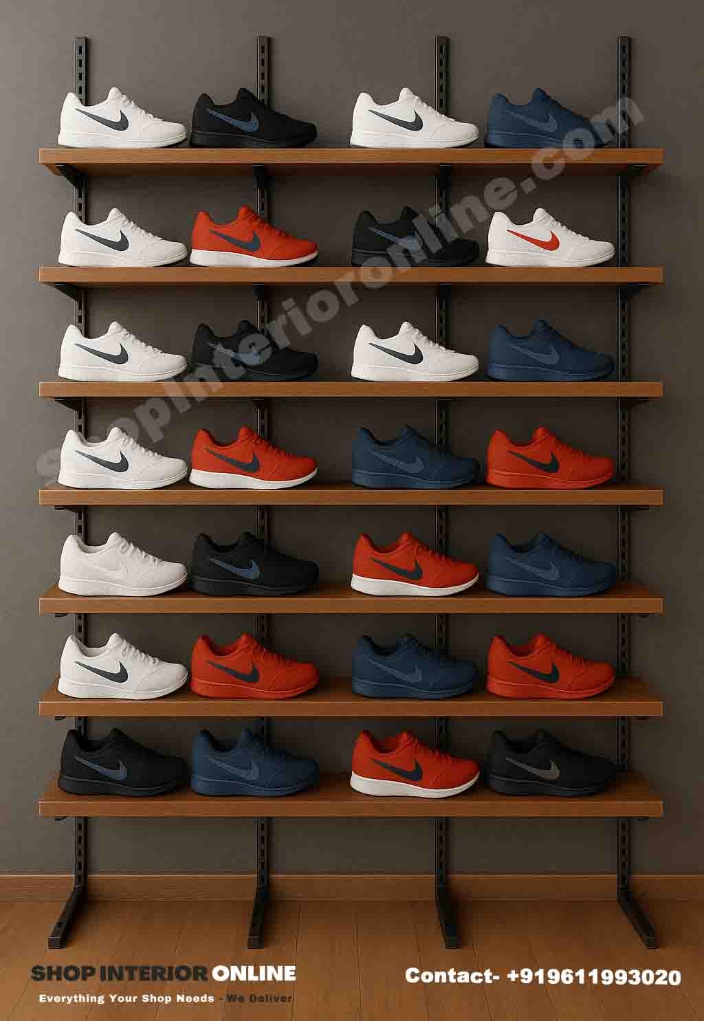 Adjustable Bracket Shoe Display Rack with Wooden Shelves and Black Metal Frame