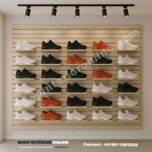Wooden Slat Wall Shoe Display Rack with Floating Shelves and Track Lights