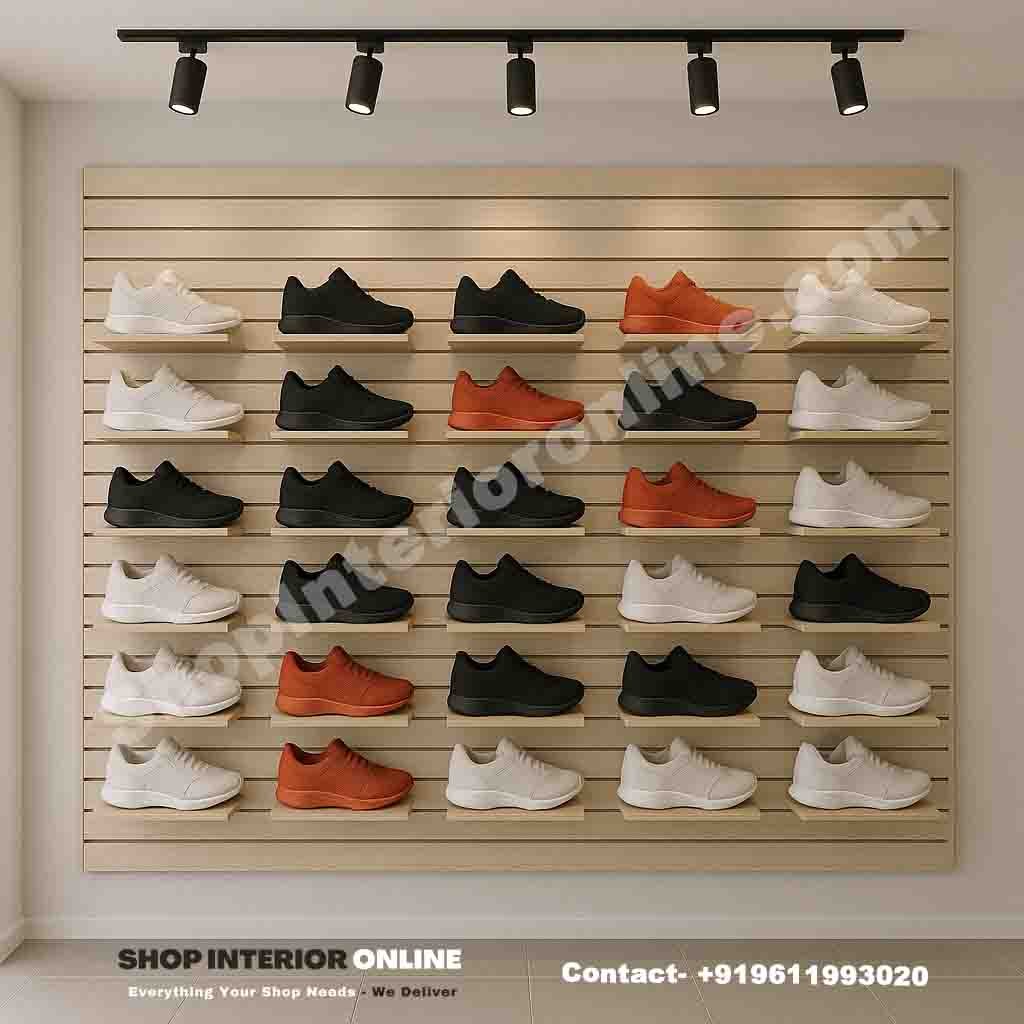 Wooden Slat Wall Shoe Display Rack with Floating Shelves and Track Lights