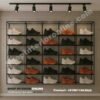 Industrial Grid Shoe Display Wall Rack with Wooden Shelves and Track Lights
