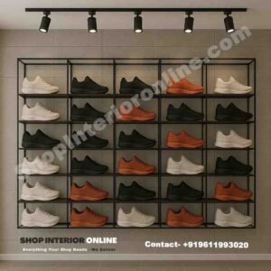 Industrial Grid Shoe Display Wall Rack with Wooden Shelves and Track Lights