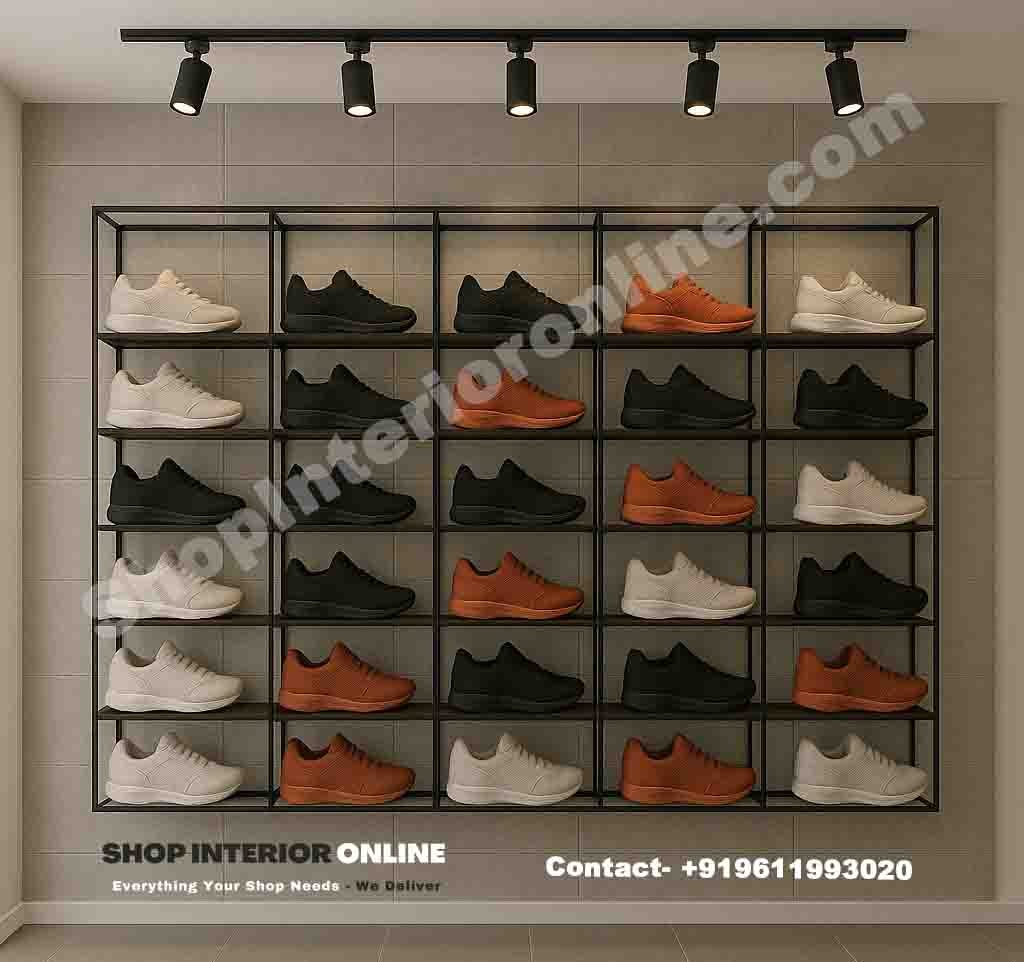 Industrial Grid Shoe Display Wall Rack with Wooden Shelves and Track Lights