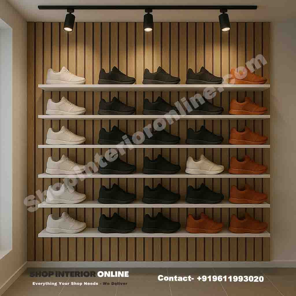 Wooden Fluted Panel Shoe Display Rack with Floating Shelves and Track Lights